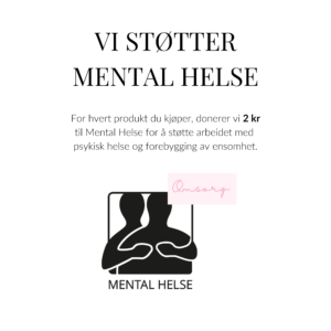 Informasjonsbilde som viser at 2 kr per solgte produkt doneres til Mental Helse for å støtte psykisk helse og forebygge ensomhet.