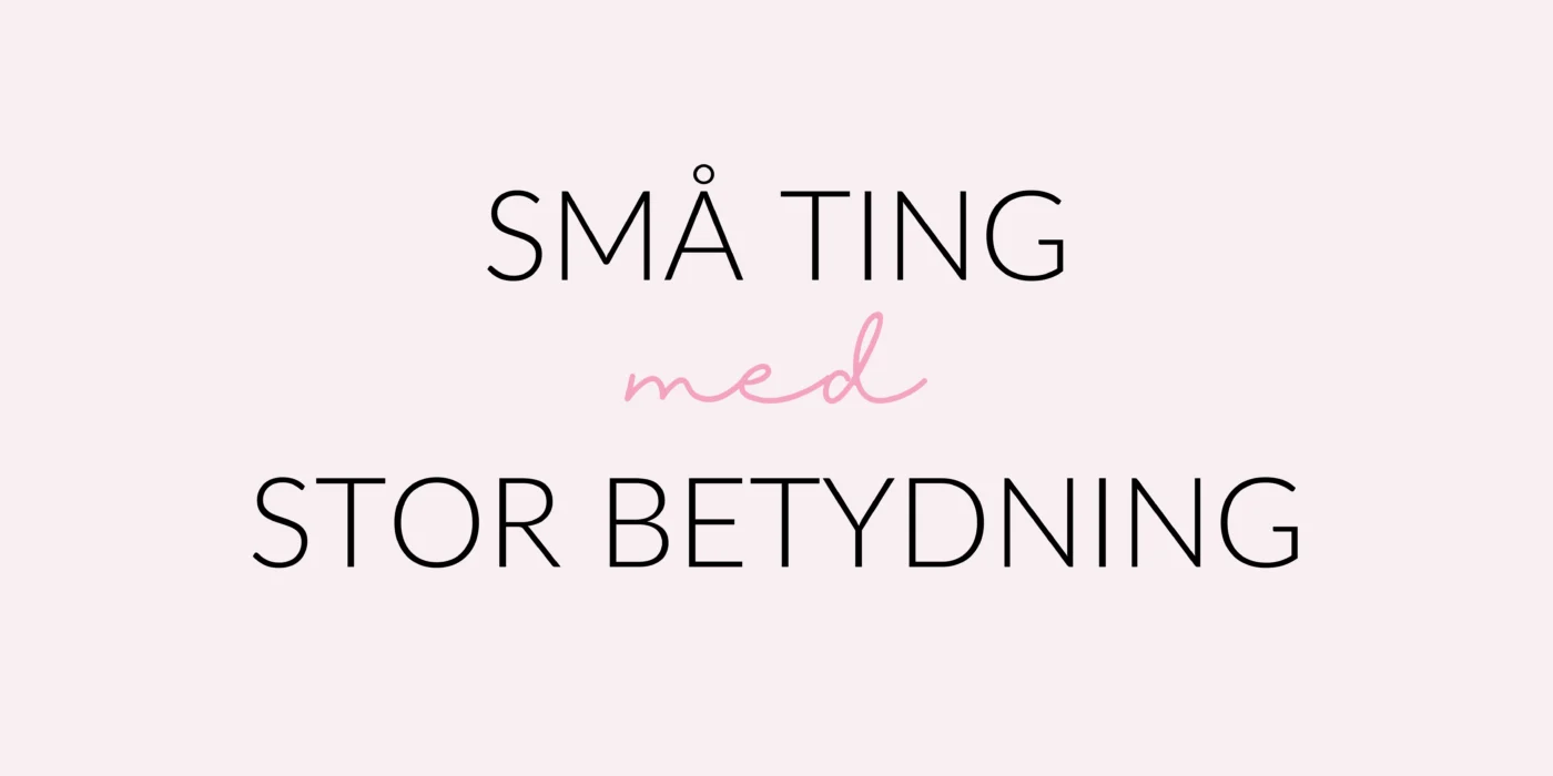 Banner med teksten “Små ting med stor betydning” i sort og rosa skrift på lys rosa bakgrunn.